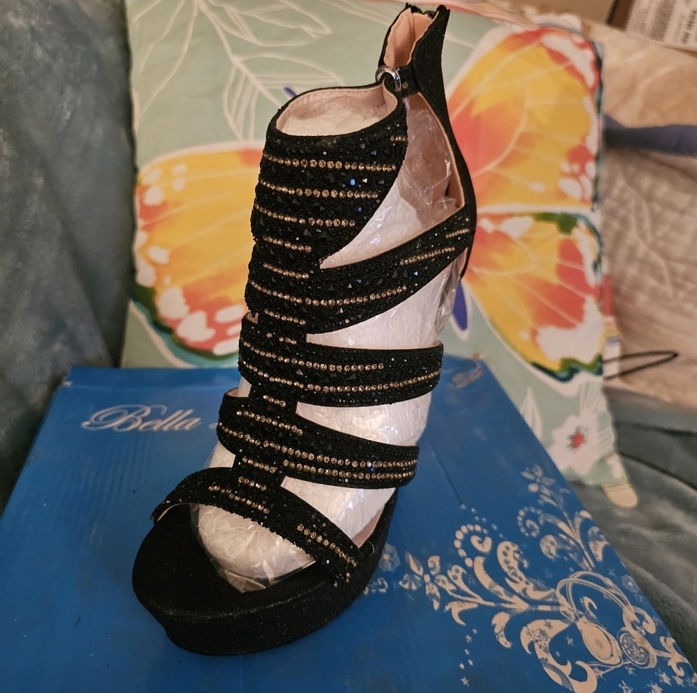 Bella Black and Gold Strappy Heels - Picture 1 of 6